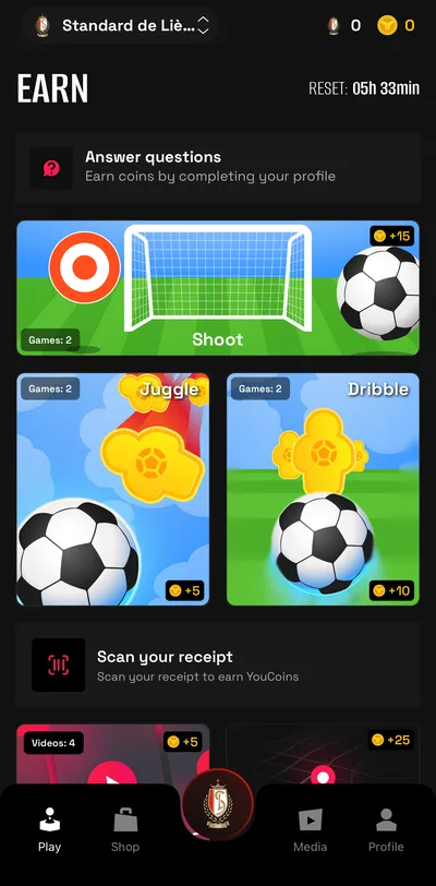 The Earn tab for Standard de Liège, with Shoot, Juggle and Dribble mini-game tiles showing their YouCoin rewards, plus Answer questions and Scan your receipt