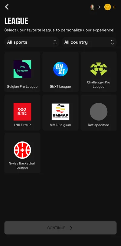 The league picker in YouTopia onboarding, listing the Belgian Pro League, BNXT League, Challenger Pro League, LNB Élite 2, MMA Belgium and Swiss Basketball League