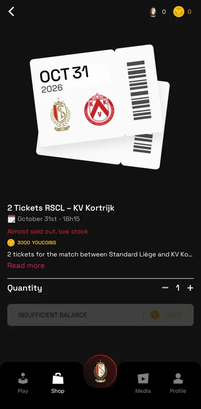 A reward page in the YouTopia shop offering two tickets for Standard Liège against KV Kortrijk on October 31