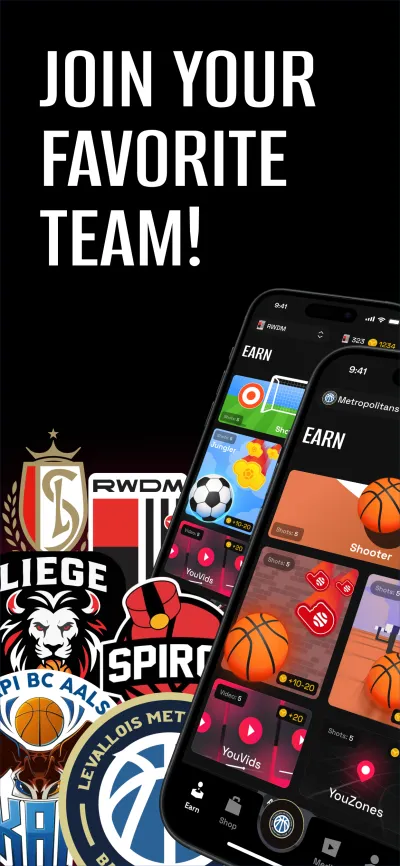 App Store screen headed “Join your favorite team!” over a stack of Belgian club crests