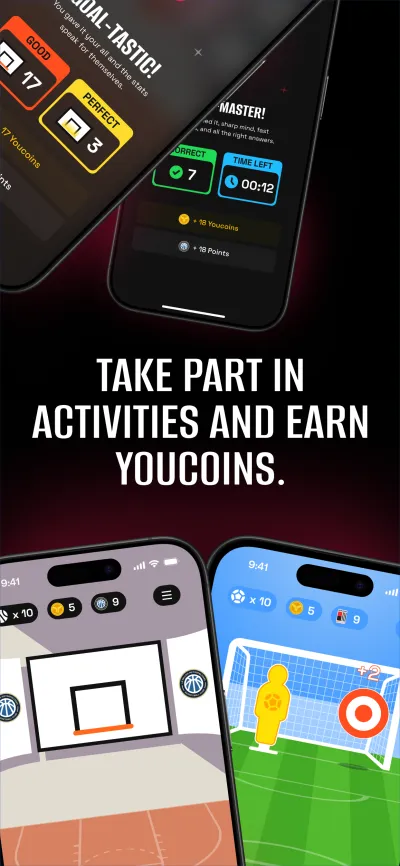 App Store screen headed “Take part in activities and earn YouCoins.”: basketball and penalty-kick mini-games, and a results card showing YouCoins won.