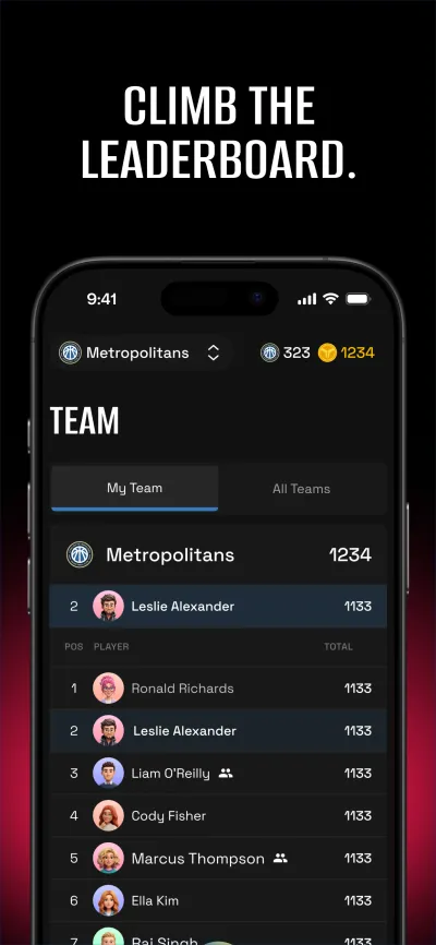 App Store screen headed “Climb the leaderboard.”: the Team tab ranking fans of a club by points.
