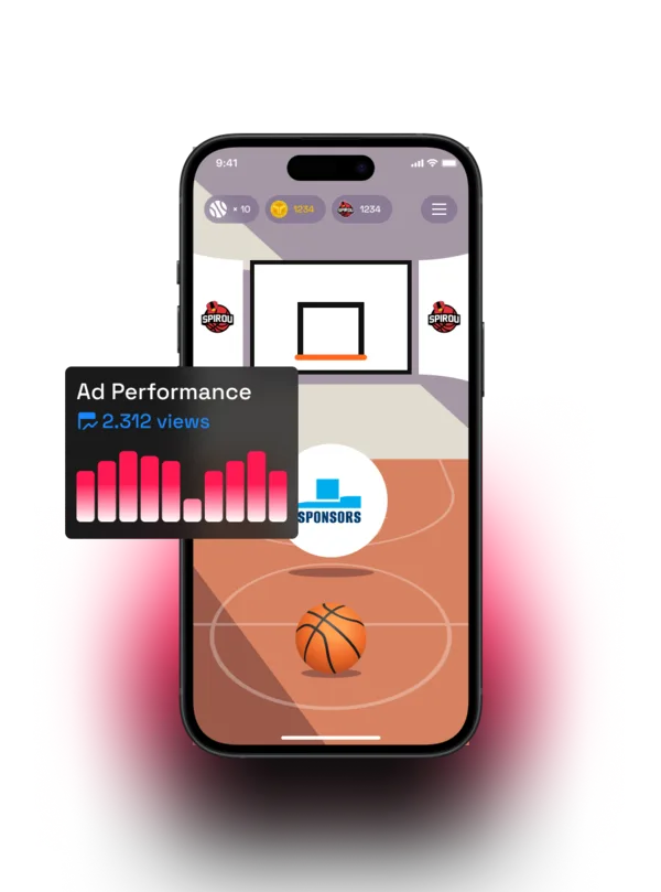 A sponsored basketball game in the app with an ad performance chart beside it