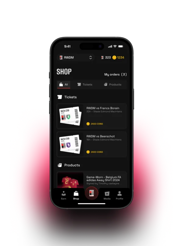 The YouTopia Sports app, Shop tab, with tickets and products priced in YouCoins